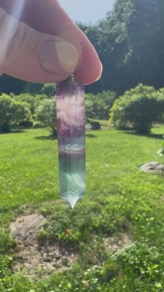 RAINBOW FLUORITE & BRASS VESSEL PENDANTS